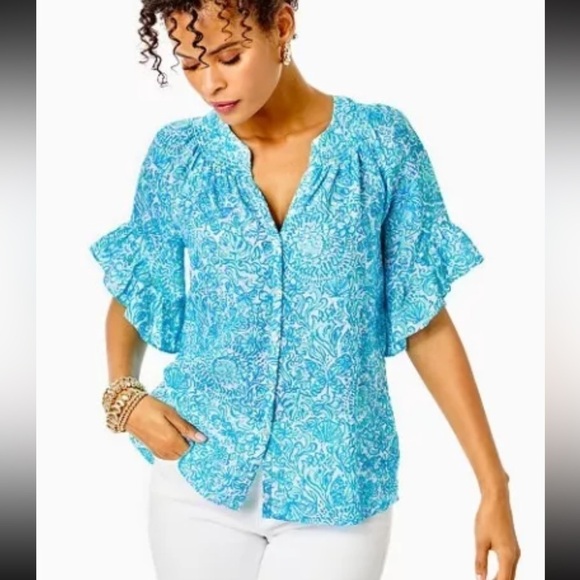 $118 Lilly Pulitzer Tayla Short Sleeve Linen Top Took Me By Sunrise XXSMALL - Picture 1 of 6
